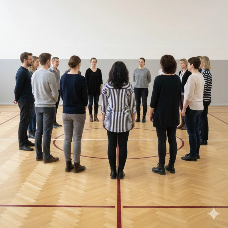 Coaching einer Gruppe Menschen, welche in einer Halle im Kreis zusammen steht