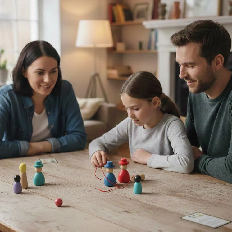 Familie mit Kind sitzt am Esstisch und führt eine Aufstellung mittels Figuren durch