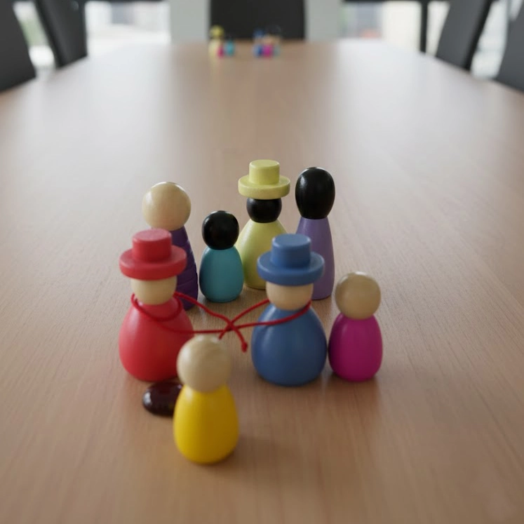 Systembrett-Aufstellung mittels Holzfiguren auf einem Tisch